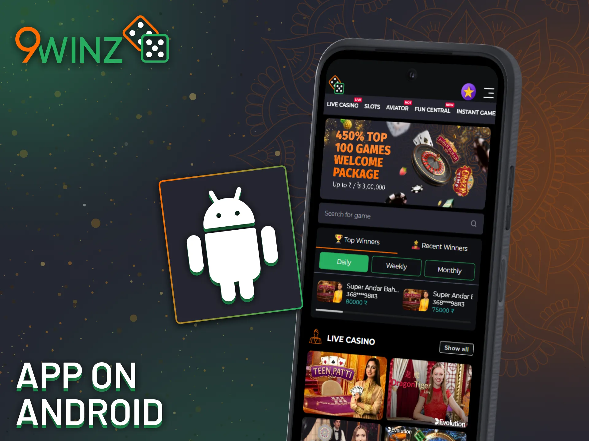 Download the 9Winz platform Android app for mobile gaming.