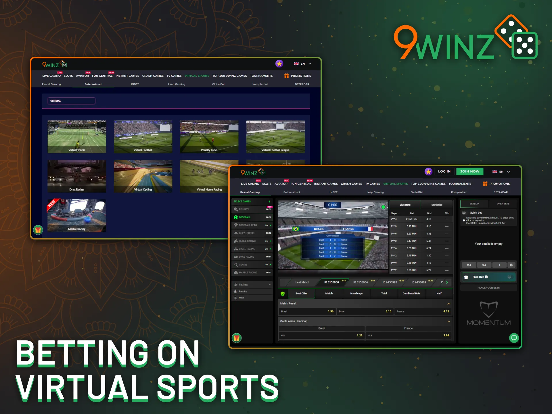 Enjoy betting on virtual sports events with the 9Winz platform in India.