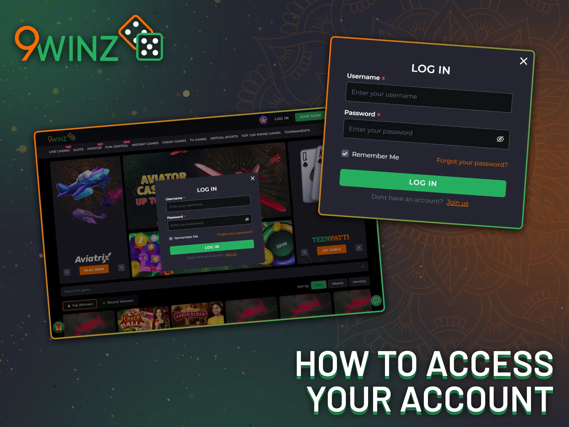 Easily log in to your account on the 9Winz website.